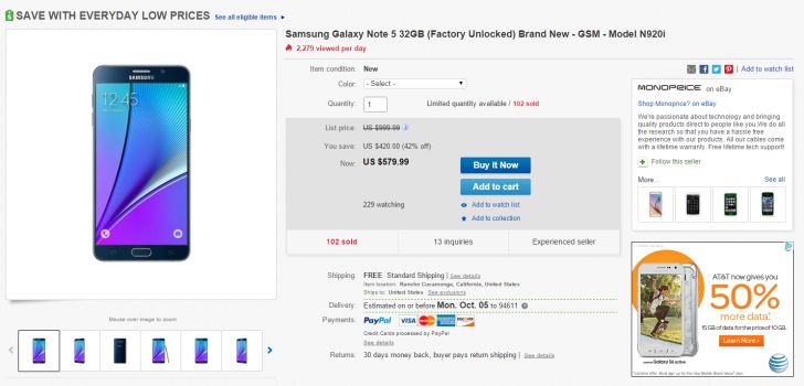 Fotografía - [Mise à jour: Maintenant 579,99 $] offre Alerte: Débloqué Samsung Galaxy Note 5 (N920i) Pour 589,99 $ Via eBay